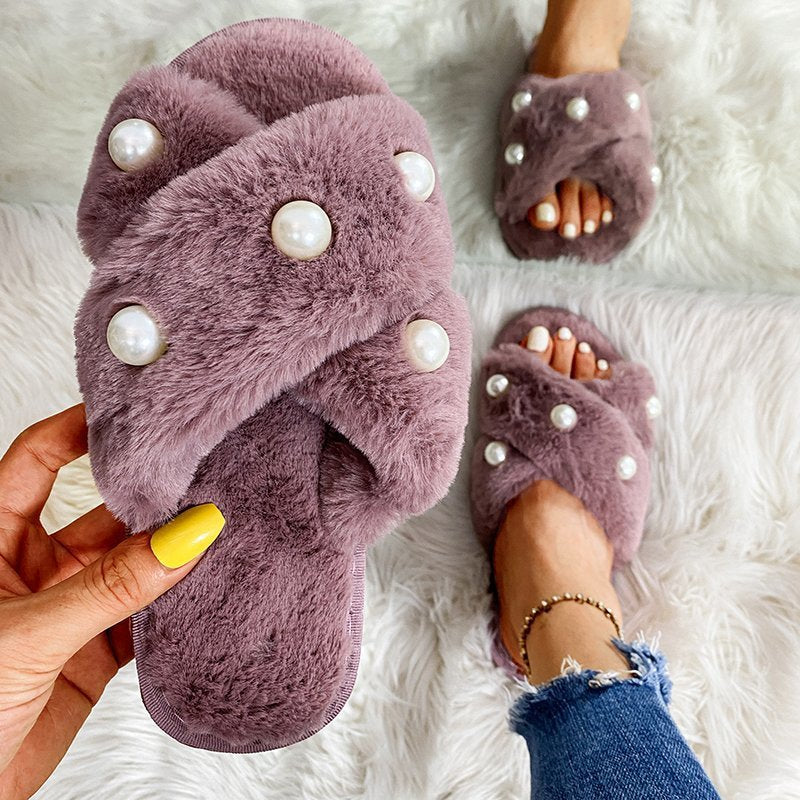 Plush slippers women 2024fall and winter cross home pearl decoration sewing thread plush slippers women