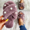 Plush slippers women 2024fall and winter cross home pearl decoration sewing thread plush slippers women