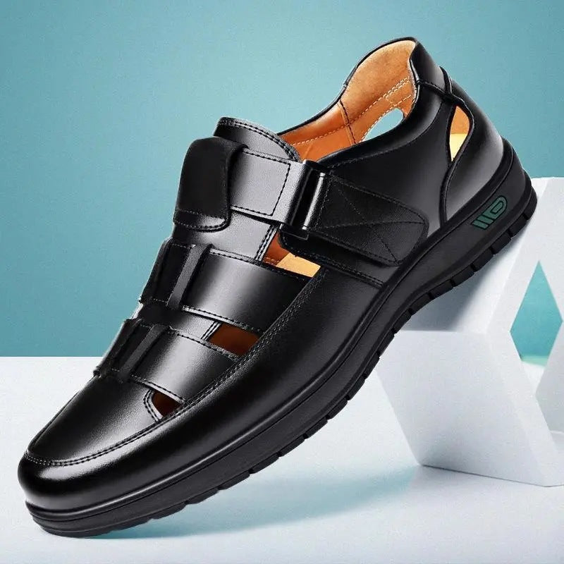 Men's leather shoes - business casual, formal, soft sole, anti-slip, summer sandals, dad shoes for middle-aged and elderly men - black
