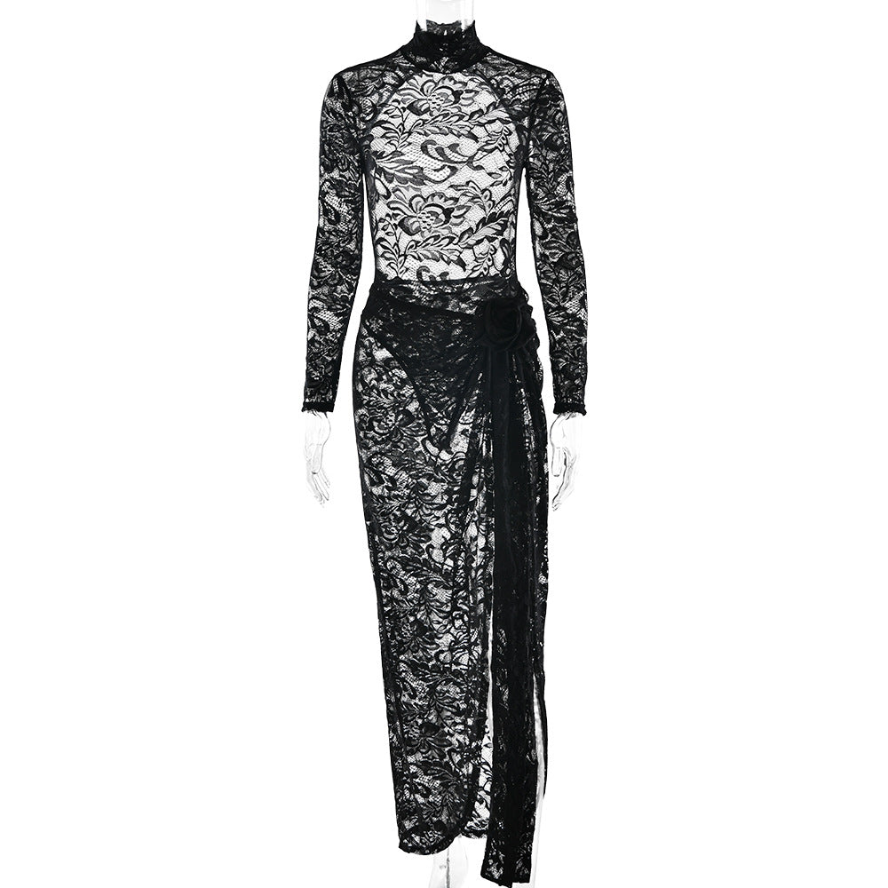 European and American  sexy slim-fit perspective two-piece set, half-turtleneck big halter onesie side split skirt set