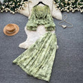 French romantic floral print two-piece set for women - autumn collection, high-end v-neck, cinched waist, mesh midi skirt outfit