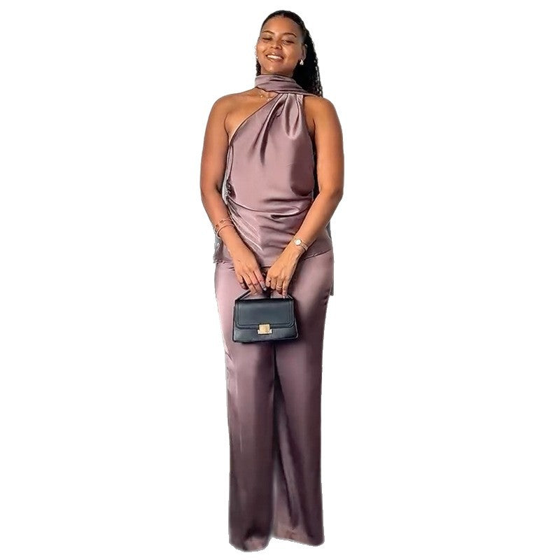 European and american women's clothing  autumn new collection: sweet and fresh halter neck open back tank top with high-waisted straight-leg pants two-piece set
