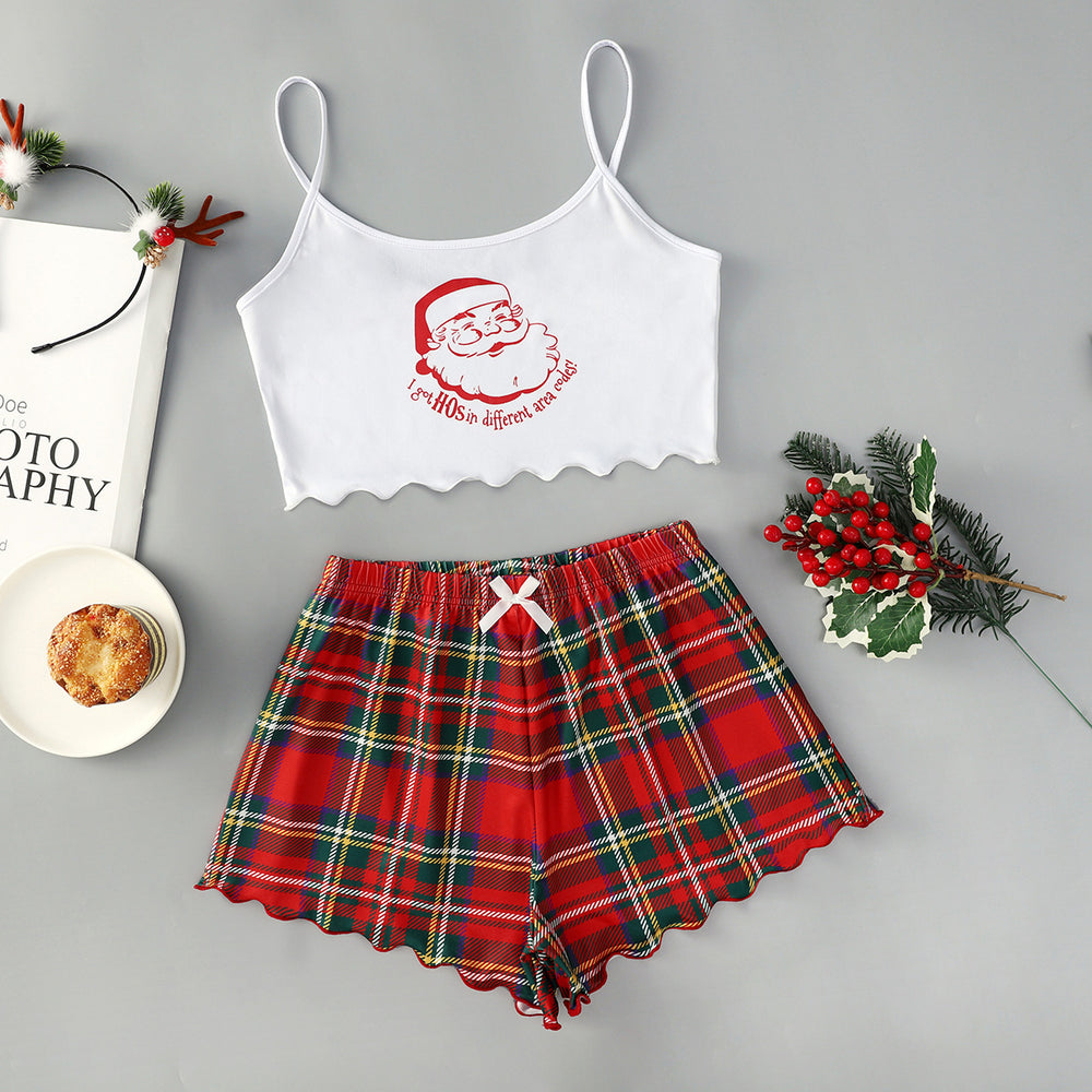 hot-selling christmas european and american style thin pajamas simple printed suspender milk silk shorts sexy two-piece set