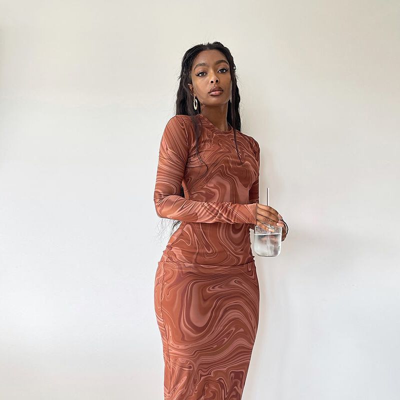 European and american style cross-border women's clothing  autumn new long-sleeved dress printed round neck slim fit midi dress for women