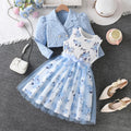 Girls' export dress set: sky blue rose print sundress with chanel-inspired lapel jacket - two-piece outfit for kids