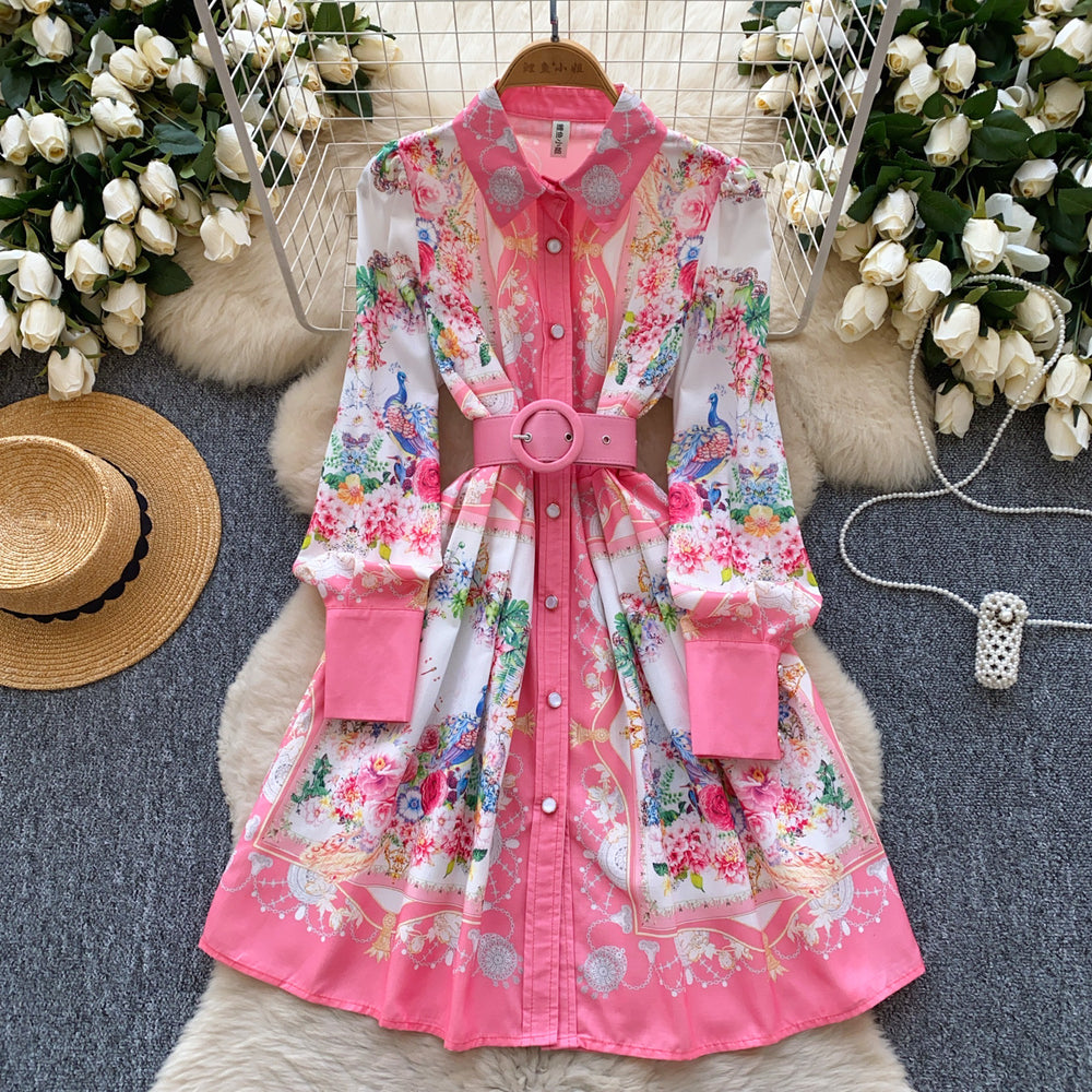 Spring new arrivaldress women's frenchretro lapel long sleeves single breasted waist slimming look printing a-line shirt skirt