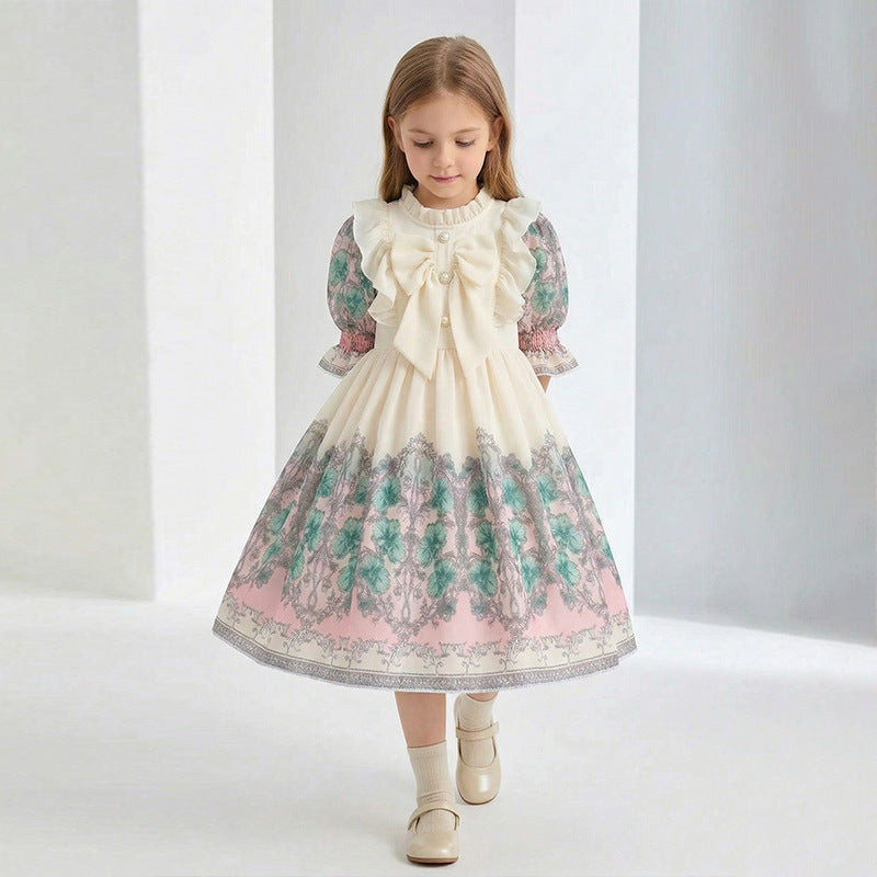 Girls' chiffon printed custom pattern dress - stylish, trendy bubble sleeve - cross-border wholesale children's clothing