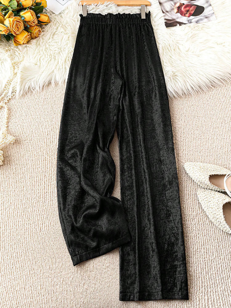 Amazon cross-border foreign trade spring & fall elastic waist gold wide-leg pants pleated loosestraight-leg pants women's slimming lookcasual