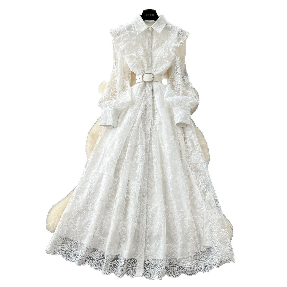 Luxury chic polo collar dress - spring collection: exquisite embroidered mesh, unique design, ethereal and elegant maxi dress