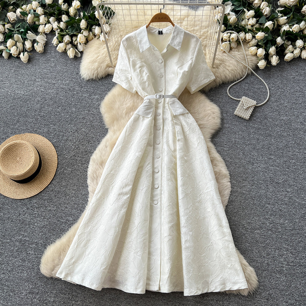 Elegant and chic notch lapel short sleeve dress - women's summer korean style, slimming a-line, office-ready, and perfect for special occasions