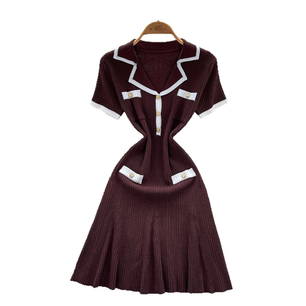French chic chanel-inspired color block knit dress with peter pan collar, metal buckle waist, and slimming fit