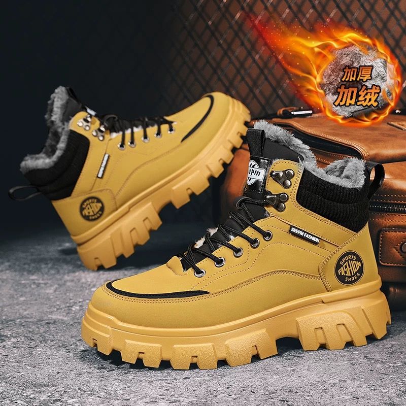 Boots men's fall and winter high-top british style workwear rhubarb boots men's fleece-lined cotton shoes thick sole outdoor waterproof leather boots