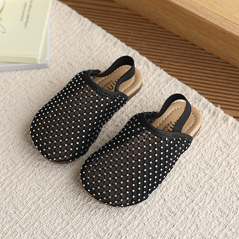 Mesh rhinestone toe-cap half slippers for women summeroutwearnew arrival one-leg cut out fishnet fairy lazy slippers