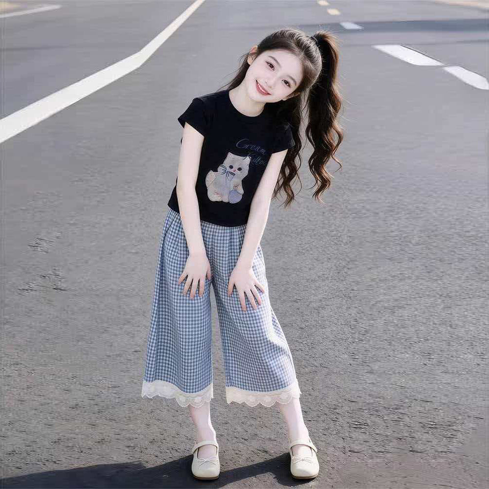 Girls' outfit  new children's wear girl's cat letter plaid two-piece set casual short sleeve summer fashionable style