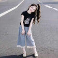 Girls' outfit  new children's wear girl's cat letter plaid two-piece set casual short sleeve summer fashionable style