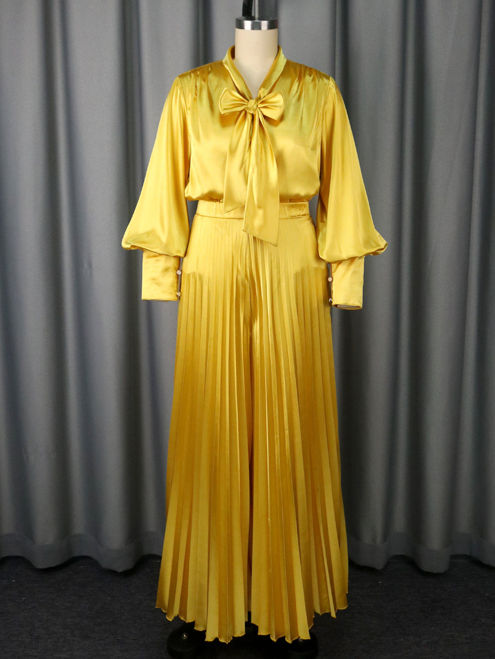 European and american sexy v-neck bow long sleeve top & elegant pleated wide-leg pants two-piece set