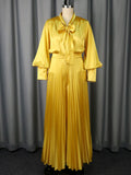 European and american sexy v-neck bow long sleeve top & elegant pleated wide-leg pants two-piece set