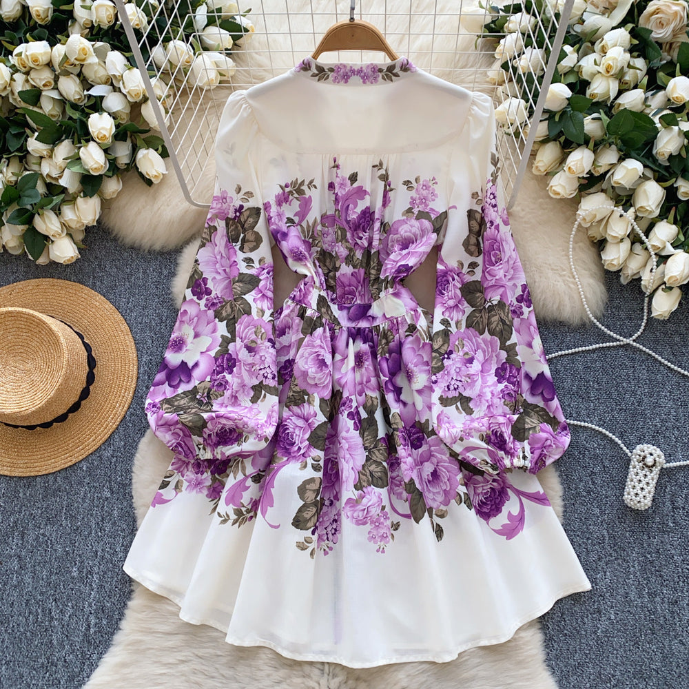 European and american cross-border chic: elegant v-neck, single-breasted, printed dress - women's slim-fit a-line mini dress, spring  collection