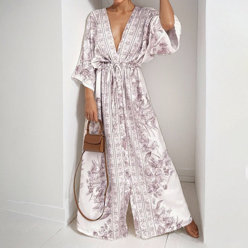 women's summer new arrivals:  cross-border fashion - elegant printed v-neck tie-strap maxi dress