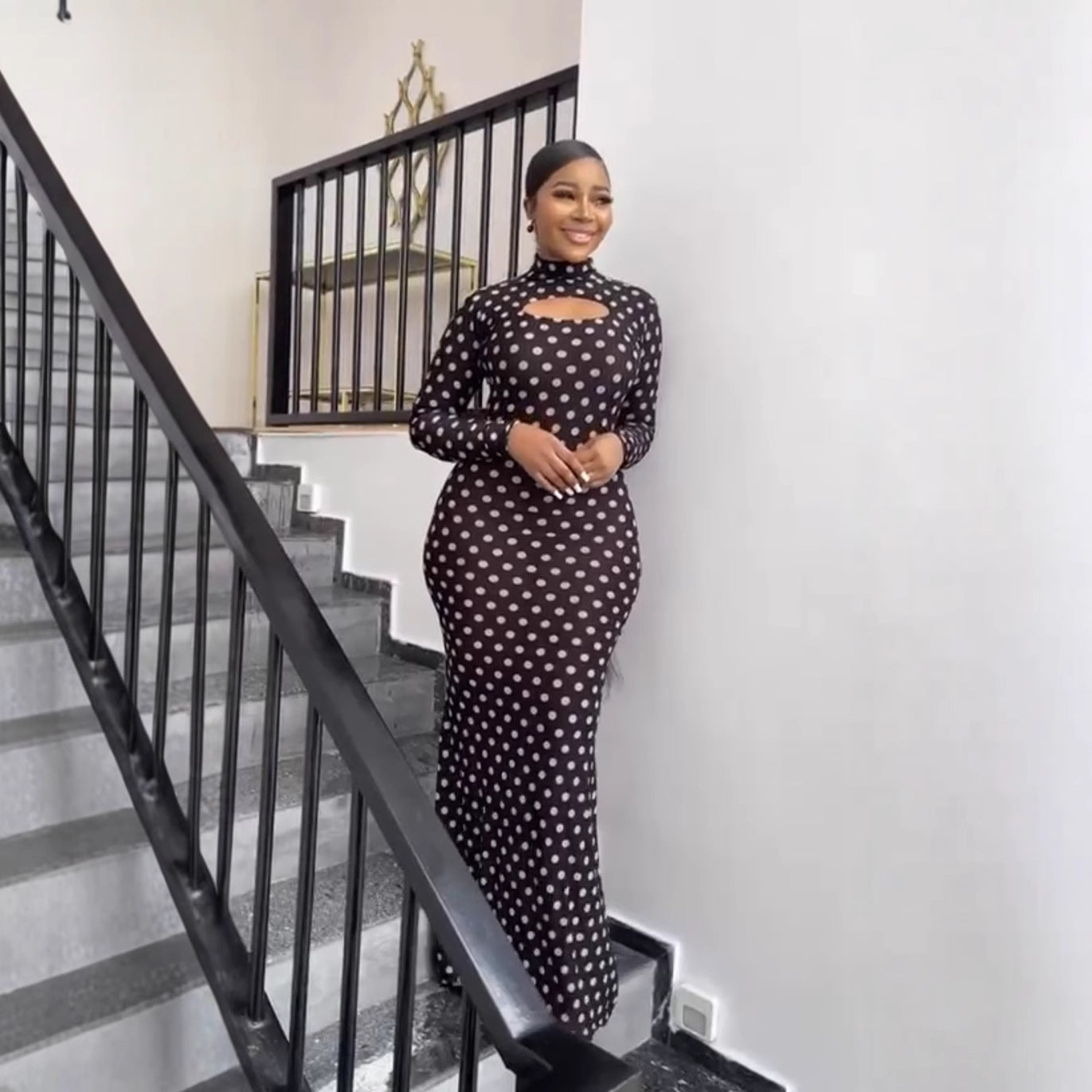 European and American new printed semi-turtleneck hollow sexy hip-wrapped long-sleeved dress polka dot long dress