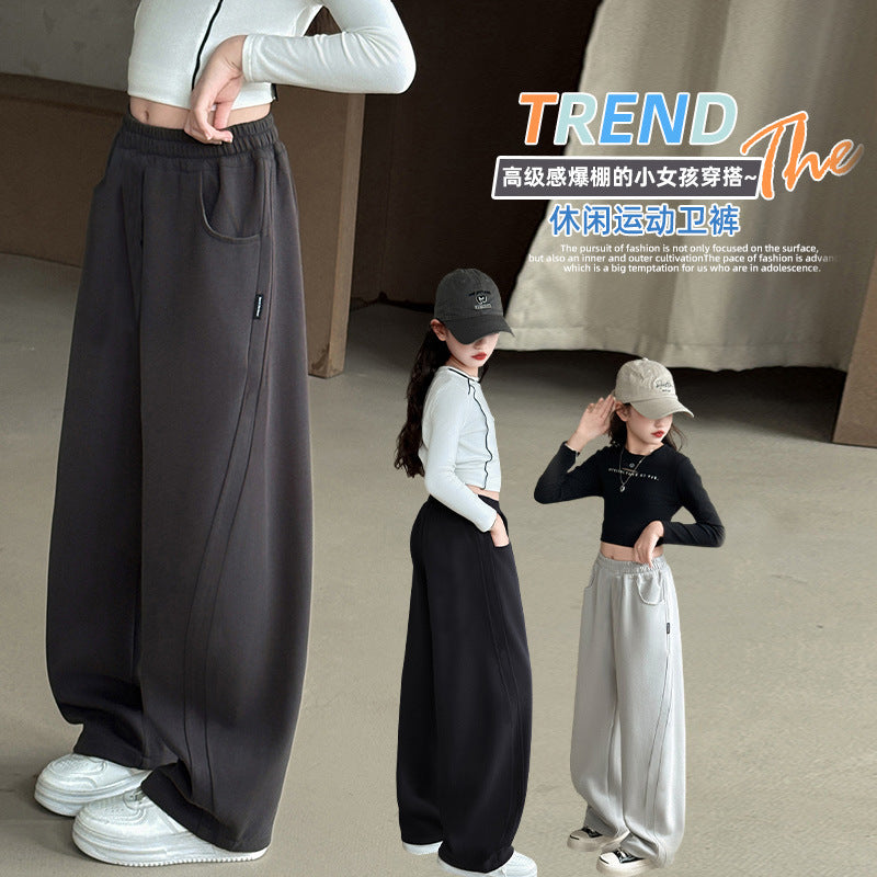 Girls' fall/winter fleece-lined pants,  new casual scimitar pants, thickened wide-leg banana pants for mid-to-large children, warm and cozy