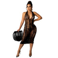 summer new sexy women's fashionable socialite hollow-out see-through beach knit bodycon dress halter knit dress