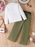 girls' two-piece set: military green cargo pants with a straight leg, and a long-sleeved autumn outfit for kids featuring a heart and letter print