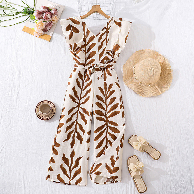 Hot-selling european and american girls' clothing:  spring/summer new arrivals - cross-border elegant v-neck casual tropical leaf print jumpsuit