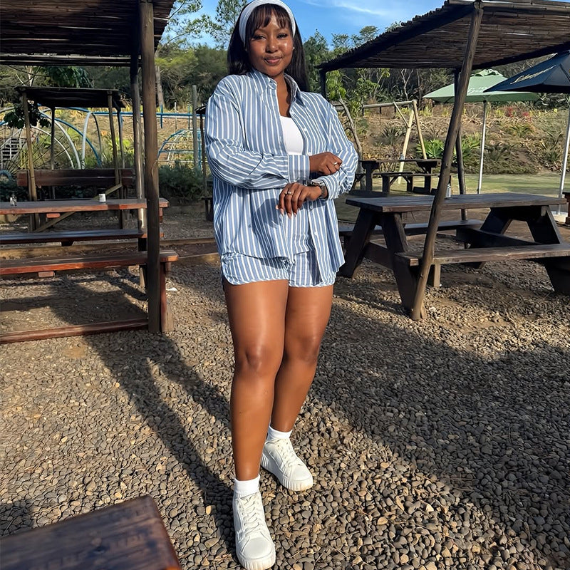 European and american cross-border women's fashion:  autumn new collection - stylish turn-down collar, loose fit, long sleeve striped shirt and high-waisted shorts set