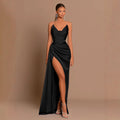 2025 new arrival: elegant & sexy slim-fit deep v satin slip dress with cinched waist, slit, and sheer straps