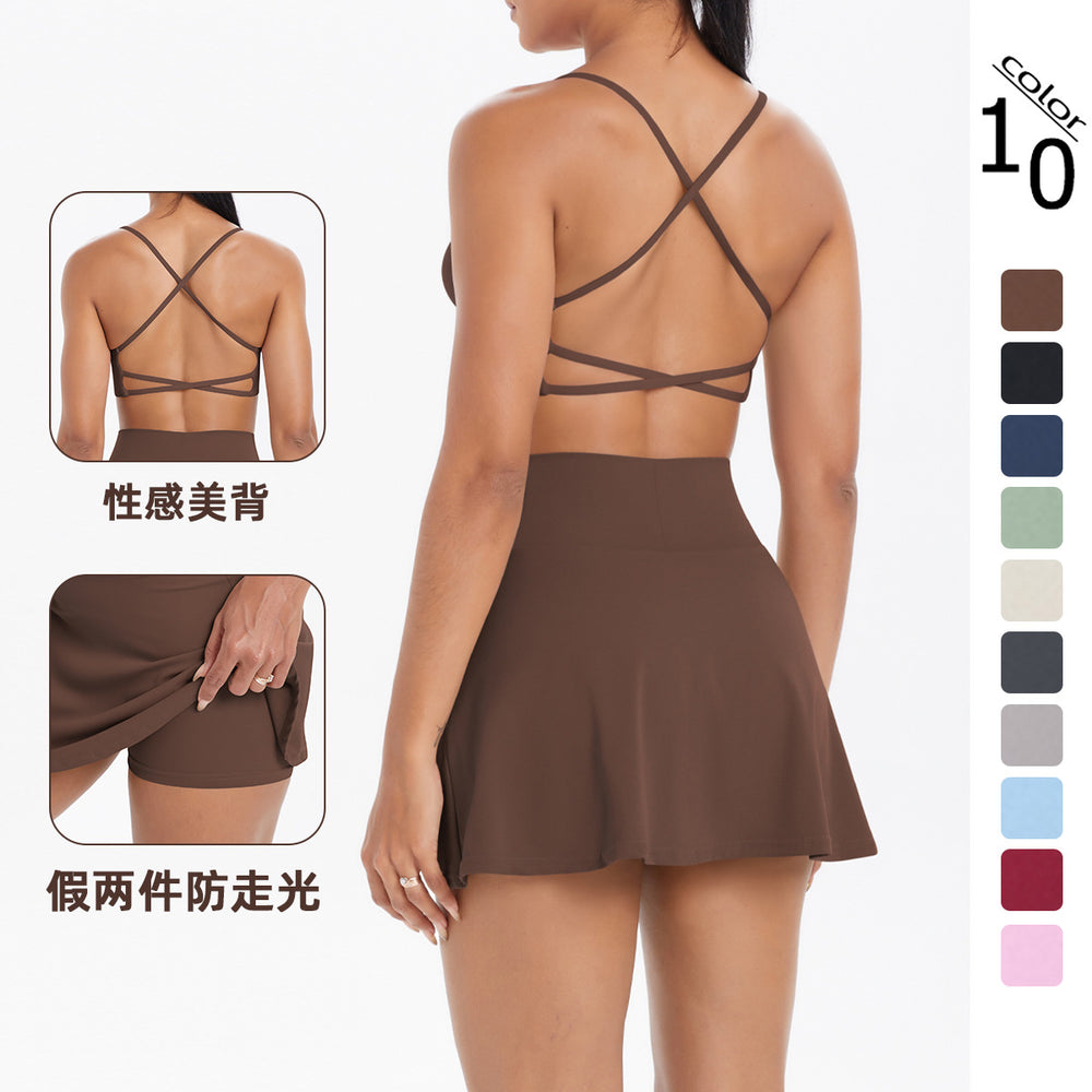 new cloud-soft brushed camisole bra with beautiful back design, casual running fitness short skirt yoga outfit set for women