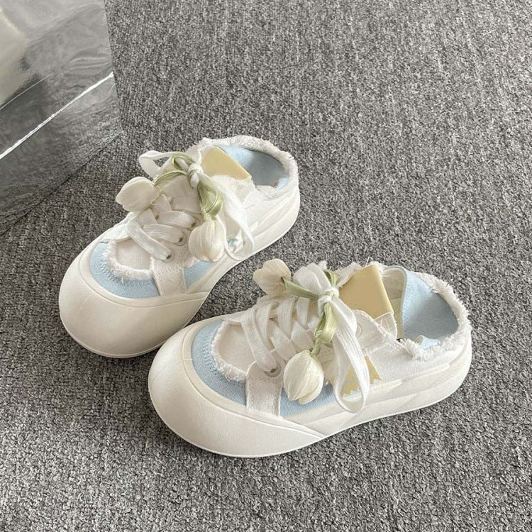 Two-way slip-on chunky sole canvas sneakers for women, 2026 new spring and autumn style, student white sneakers, bread shoes for women