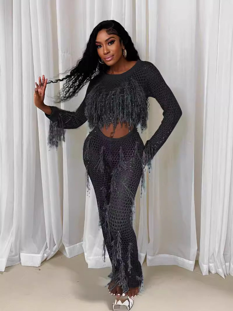 supply new arrival european and american clothing sexy imitation mink hair handmade tassel knittingcut outseparates jumpsuit