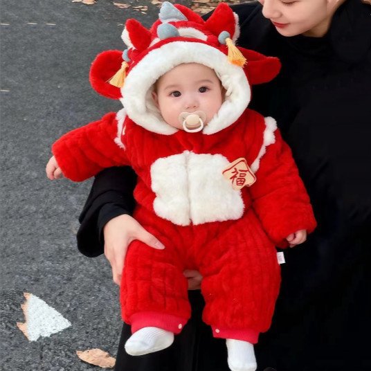 New chinese style chinese style festive first birthday full moon new year's greetings newborn winternew arrival red jumpsuit fleece-linedthickened