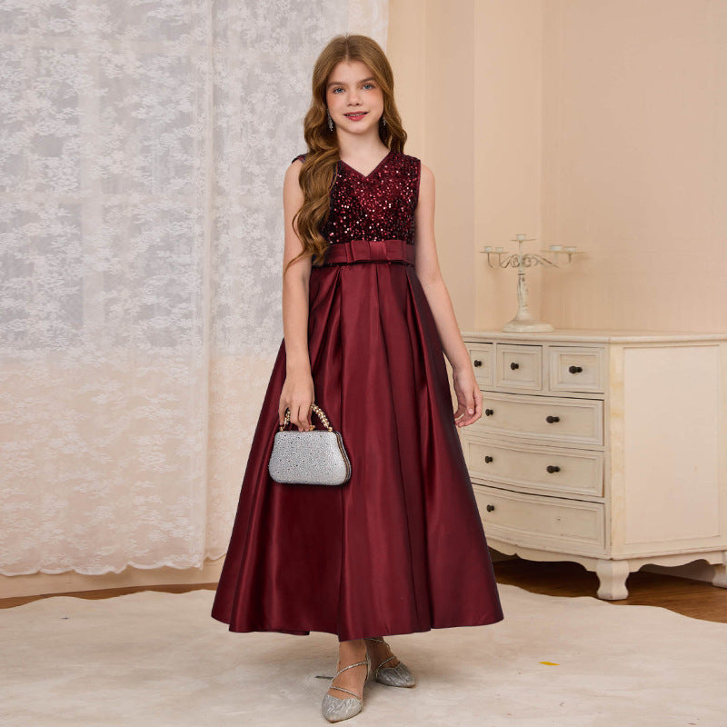 fashionexportfashion stylegirl dress long skirt v-neck evening dress satin princess dress catwalk classysequin skirt