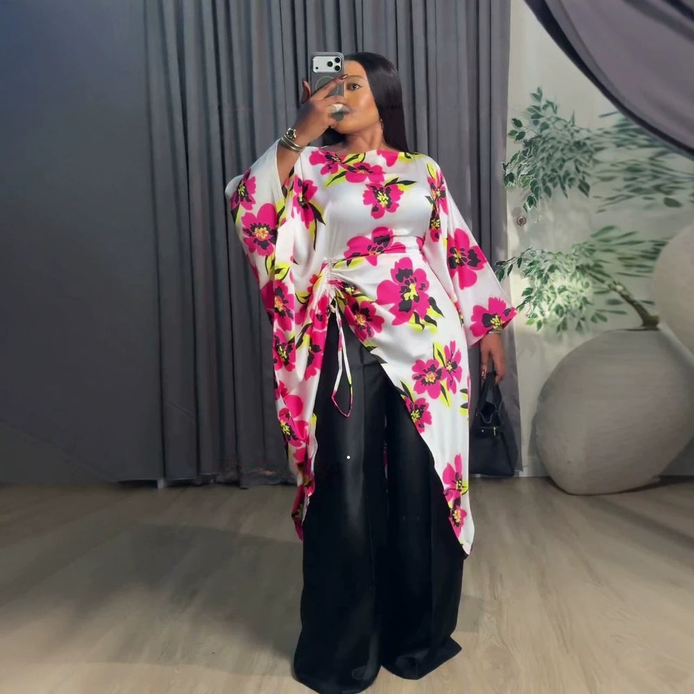 European and american cross-border women's fashion:  summer new collection - stylish printed drawstring longline shirt and wide-leg pants casual set