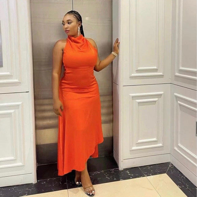 Cross-border European and American new semi-turtleneck off-the-shoulder sexy hollowed-out halter lace-up hip-wrapped irregular dress women's clothing