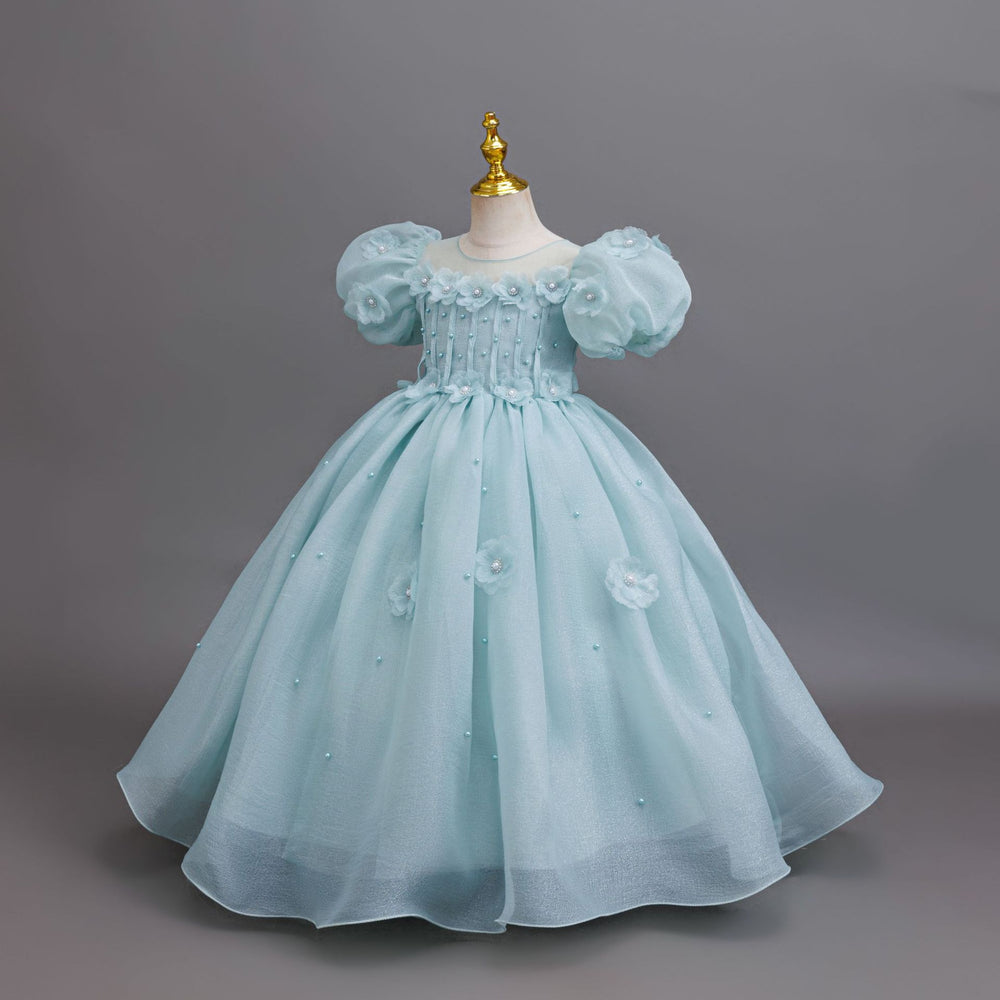 Ready-to-ship children's formal dress: bubble sleeve floral wedding dress, princess party dress for girls