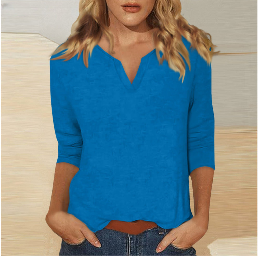 cross-border women's v-neck 3/4 sleeve solid color t-shirt top