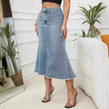 Fashion cross-border women's clothing  high waist denim skirt street casual a-line mopping raw edge denim skirt