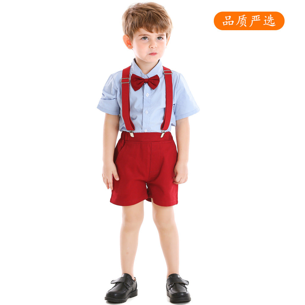 Korean style new children's solid color short sleeve & shorts two-piece set summer shirt outfit - direct from the manufacturer, gentleman style