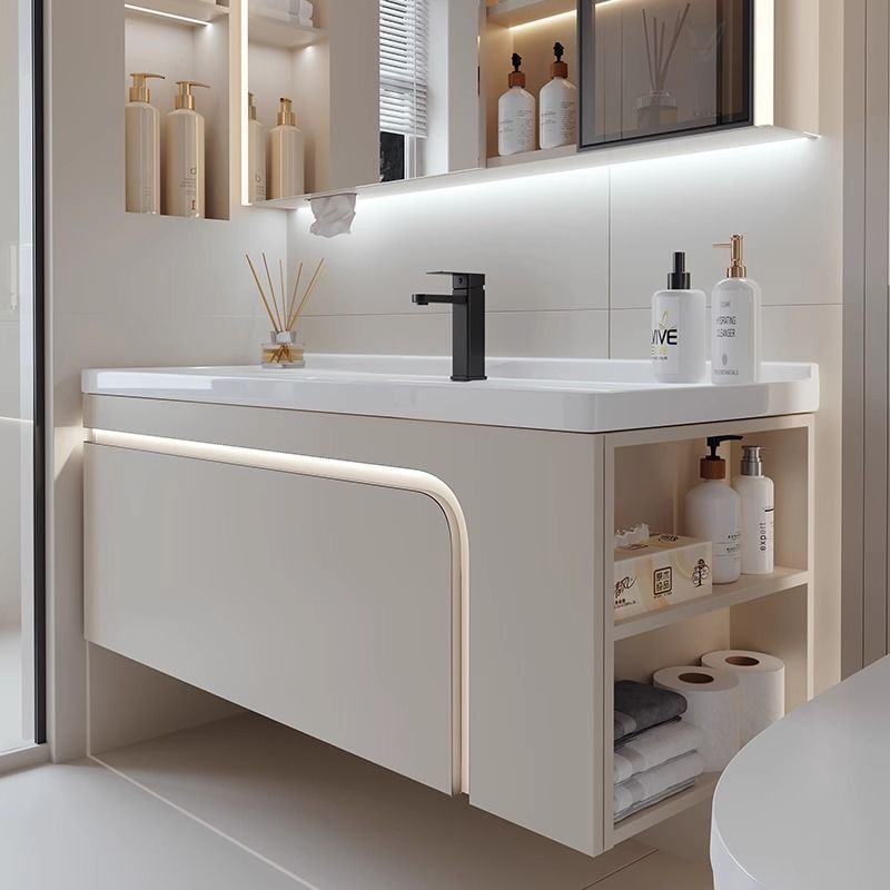 [Customized] Side storage bathroom cabinet ceramic integrated hand wash basin bathroom solid wood bathroom cabinet combination