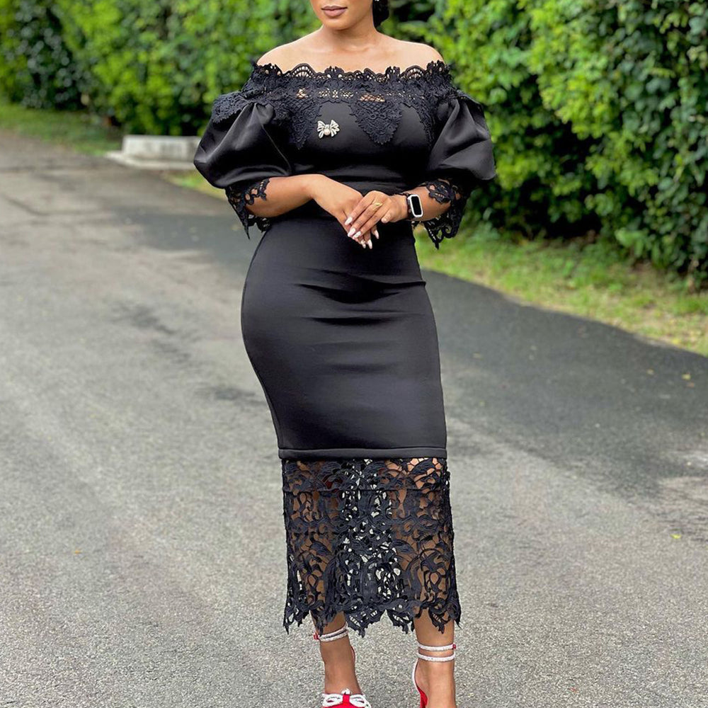European and american plus size women's new fashionable and elegant lace patchwork off-the-shoulder bridesmaid dress/evening gown - wholesale dress