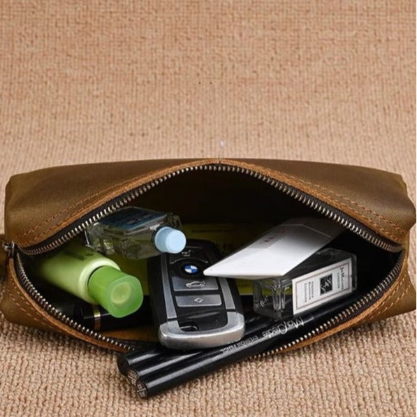 Hot-selling retro genuine leather stationery pencil case, top grain crazy horse leather handmade coin purse, student stationery organizer