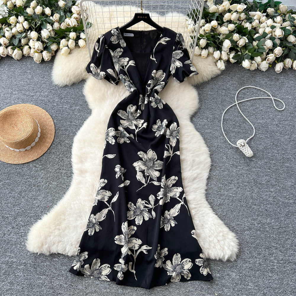 French romantic print bubble sleeve dress - women's summer mesh panel slim fit mermaid maxi dress