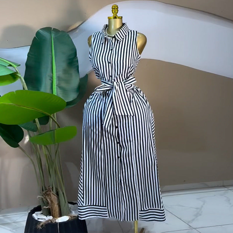 European and american women's clothing  autumn new sweet and fresh striped turn-down collar sleeveless high-waisted slimming shirt dress maxi dress