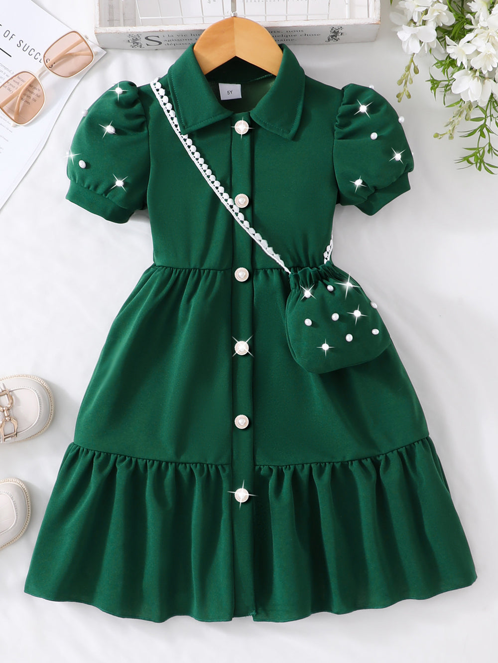 Girls' dress, solid color dress with pearl sleeves + pearl crossbody bag
