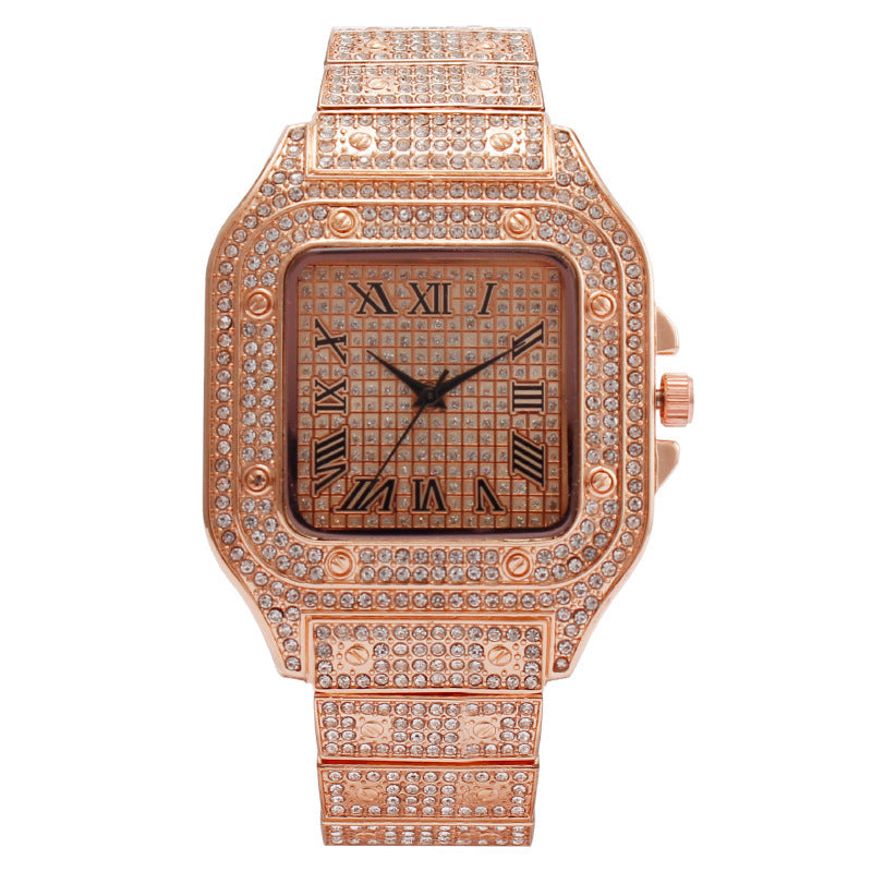 hot selling fashion square diamond-studded roman numeral dial women's quartz watch - silver & gold