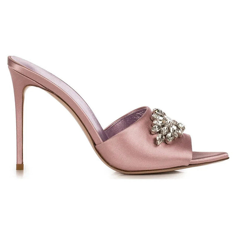 Summer european and american rhinestone high heel sandals pointed toe stiletto black high heels slip-on cross-border export ultra high heels