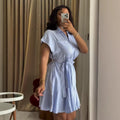 European and american cross-border women's fashion  summer new arrival: elegant notch collar striped cinched waist tie-waist short sleeve shirt dress